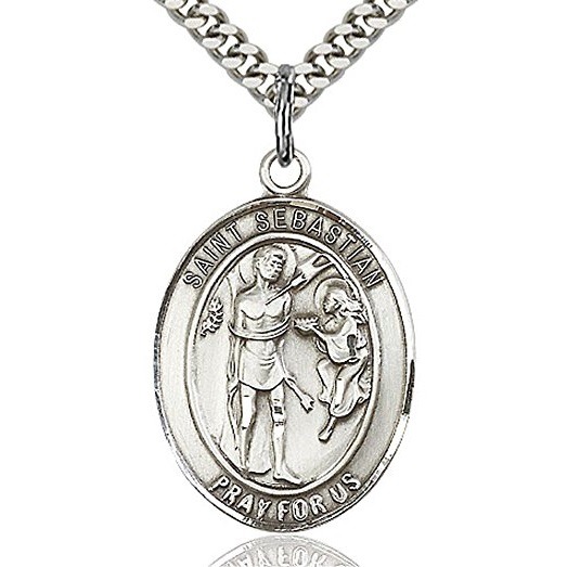 Sterling Silver Baby Badge with St Sebastian is the Patron Saint of Athletes/Soldiers 7/8 X 3/4 Sebastian Charm and Angel w/Wings Badge Pin St